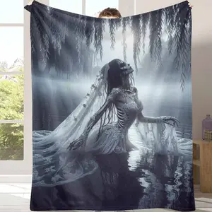 Gothic Skeleton Bride Flannel Blanket， Dark Fantasy Lace Veil Art Print， Soft Cozy Warm Decorative Throw， Perfect for Bedroom Living Room Halloween Party Home Décor Gift