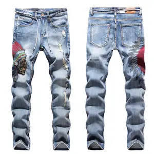 Menswear Denim Straight-Leg Distressed CakeBoi Embroidered Frayed Blue Jeans, Streetwear Style with Pocket