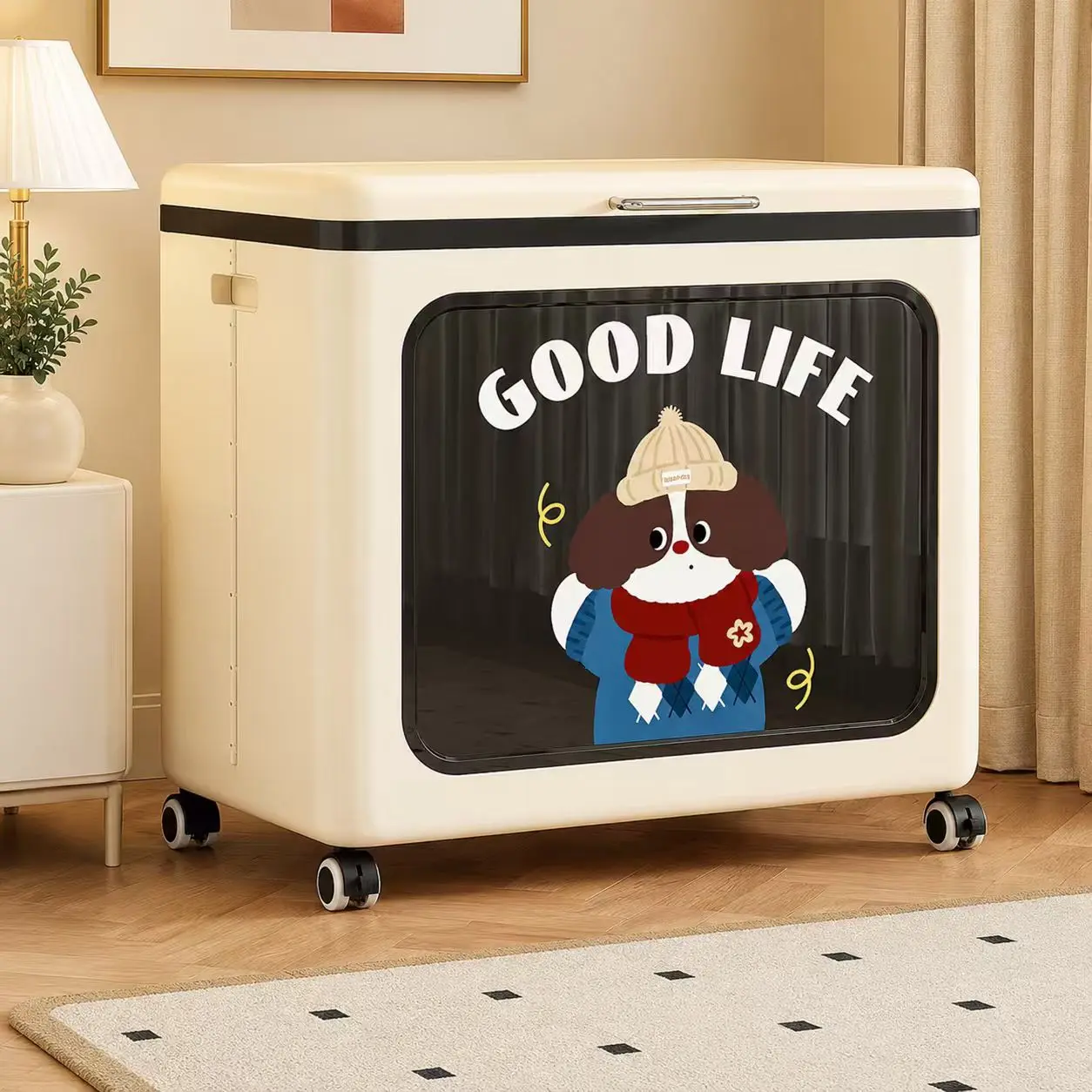 Eco-Friendly Collapsible Large-Capacity Closet Storage Box with Lockable Wheels, Adorable Cartoon Puppy Design, Smooth Rolling Bin, Dustproof Flip-Top Lid, Durable Home Organizer for Bedroom Bedding