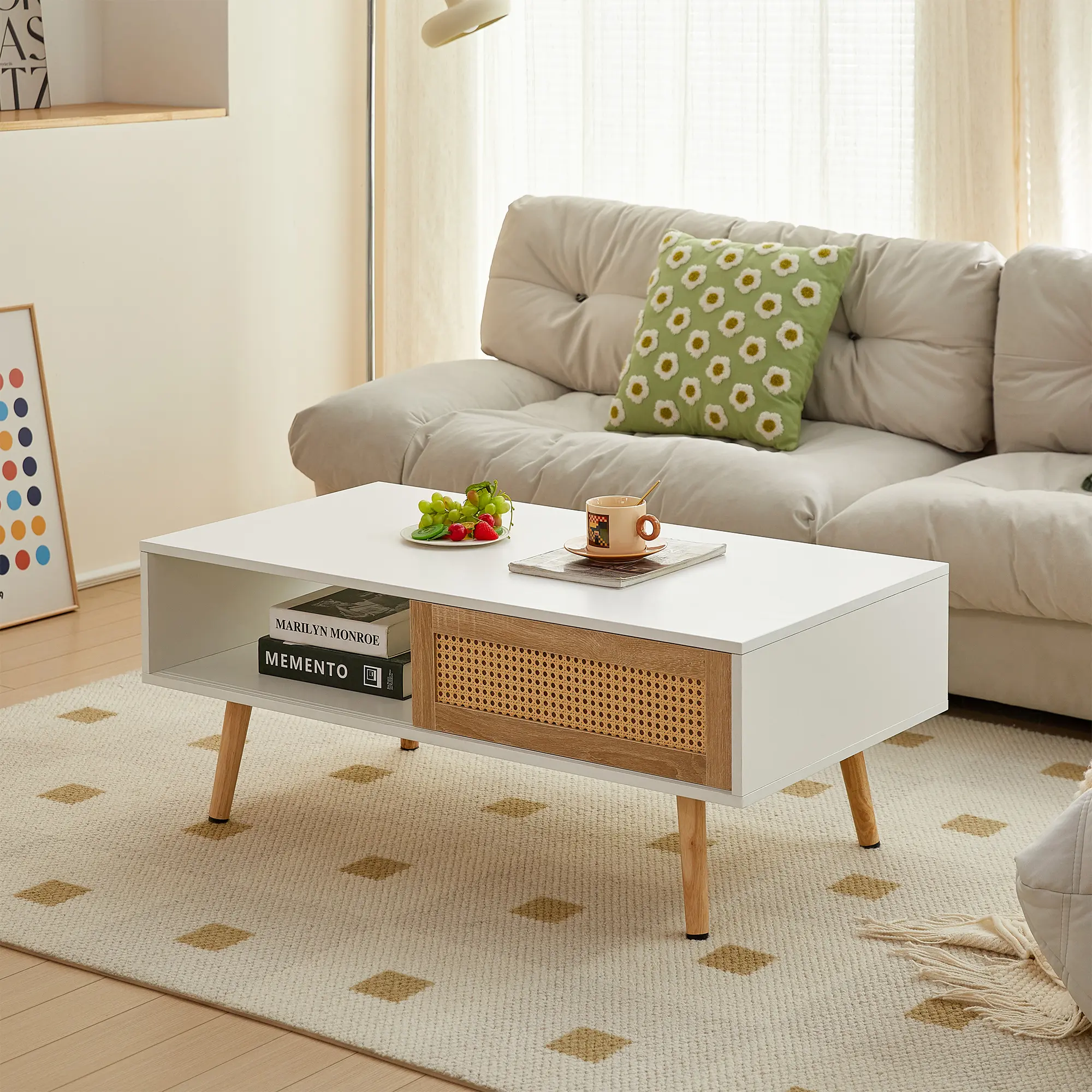 41-in White Rattan & Solid Wood Storage Coffee Table - Modern Coastal Indoor Living Room Furniture with Smooth-Sliding Rattan Doors, Hidden Storage, Adjustable Legs, 220 lbs Capacity, Wipeable Surfaces, Easy Assembly, Sliding Doors, Coastal Look, Assembly