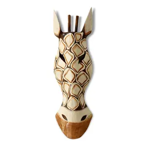 20" African Wooden Tribal Giraffe Mask Hand Carved Wall Plaque Hanging Home Decor Accent Unique Sculpture Decoration Handmade Handcrafted Square Motif