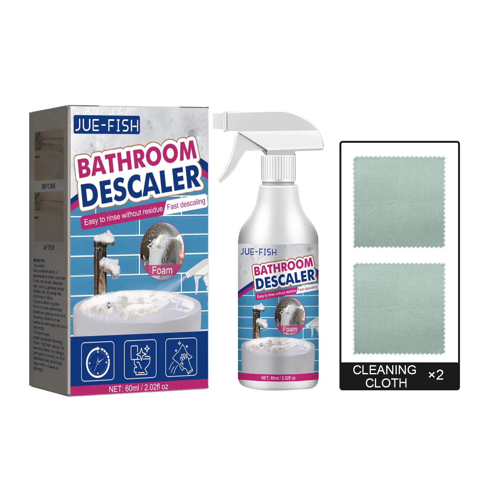 JUE-FISH Bathroom Descaler 500ml with 2 Cleaning Cloths for Easy Removal of Limescale and Mineral Buildup in Showers and Taps