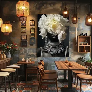 Stretched Canvas Print – African Woman Dancing, Desert Flowers Vertical Art Unframed