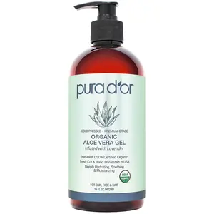 PURA D'OR Organic Aloe Vera Gel Lavender 16oz (473ml) – Cold Pressed Aloe Vera Gel for Face, Skin & Hair, Hydrating After Sun Care, Scalp Moisturizer & Soothing Anti Aging Gel