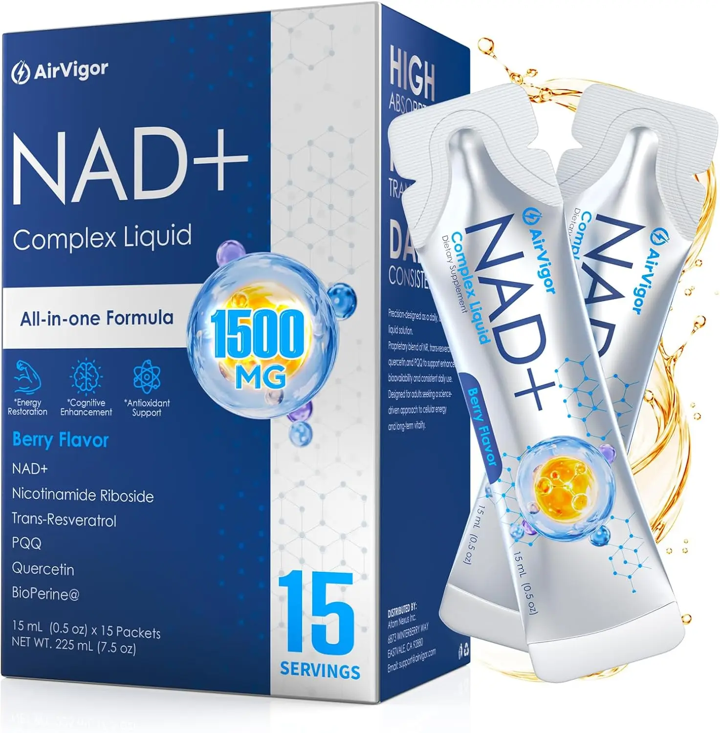 NAD+ Liquid Supplement with Nicotinamide Riboside, Resveratrol, Quercetin & PQQ, Liposomal NAD Support for Daily Energy, Cellular Wellness & Antioxidant Support, Berry Flavor, 15 Servings