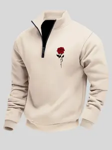 Men's Classic Rose Pattern Print Half-Zip Sportswear, Essential Fleece Sweatshirt for Fall & Winter, Casual Fit Top