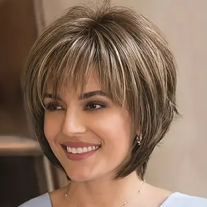 Brown with Highlights Pixie Cut Wigs for White Women with Bangs Short Straight Synthetic Wig for Everyday Wear
