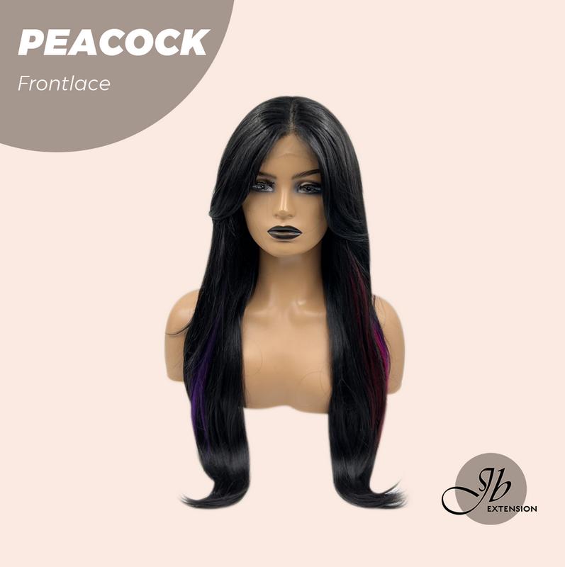 JBEXTENSION 26 Inches Curly Black With ​Multiple Color Pre-Cut Frontlace Wig PEACOCK