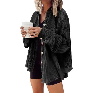 Women's Loose Fit Batwing Sleeve Waffle Knit Button Down Shirt Shacket Tops Casual Jacket fall outfits