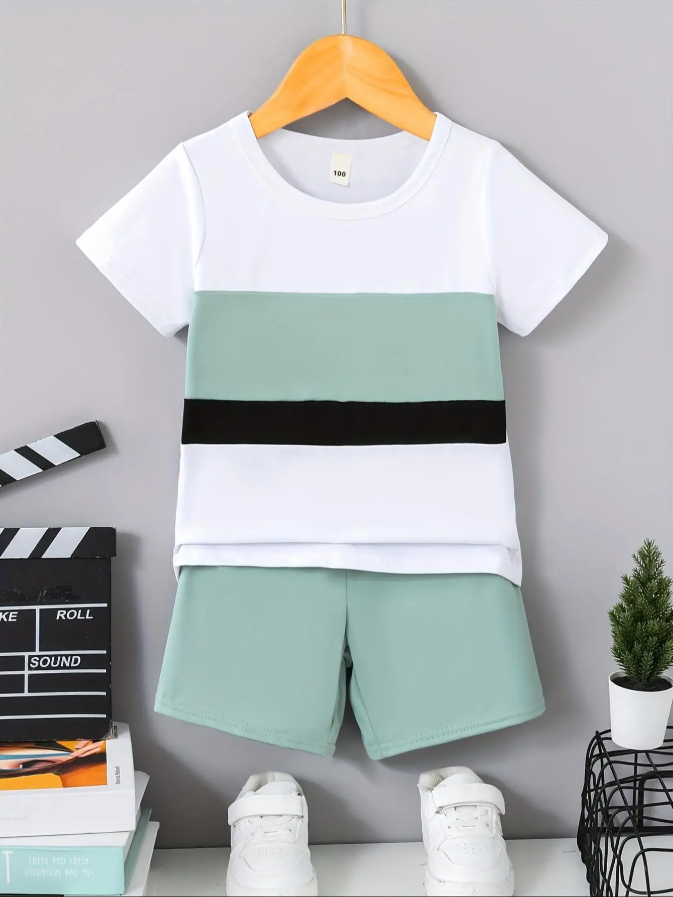 Two-Piece Set Toddler Boy's Colorblock Print Short Sleeve Tee & Elastic Waist Shorts, Casual Round Neck T-shirt & Shorts for Summer, Kids Clothes for