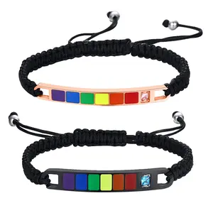 OIDEA Rainbow Pride Bar Bracelet for Couples, Stainless Steel CZ Braided Rope Adjustable LGBTQ Wristband, Friendship