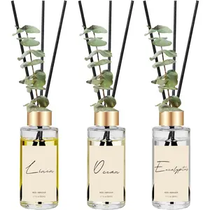 Reed Diffuser Set of 3, Eucalyptus, Linen & Ocean Scented Oil Diffusers with 15 Reeds, Long-Lasting Home Fragrance for Bedroom & Bathroom Decor, 1.7 fl oz Each, Total 5.1 oz