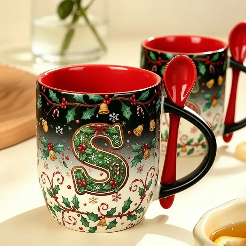1pc Christmas Alphabet Heat-Sensitive Color Changing Ceramic Mug with Red Spoon, Personalized Initial Letter Magic Cup, Add Hot Water to Reveal Festive Holly Bell Snowflake Design, Ideal Christmas Gift for Family & Friends, 11oz 330ml Capacity, Black