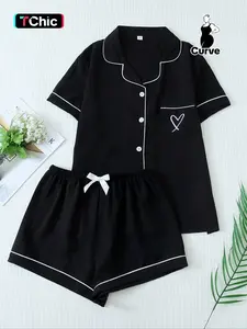 Women's Plus Size Pajama Set, Summer Short Sleeve Lapel Embroidered Top with Pockets & Bow Shorts, Casual Loungewear, Floral Pattern, Moderate Fabric