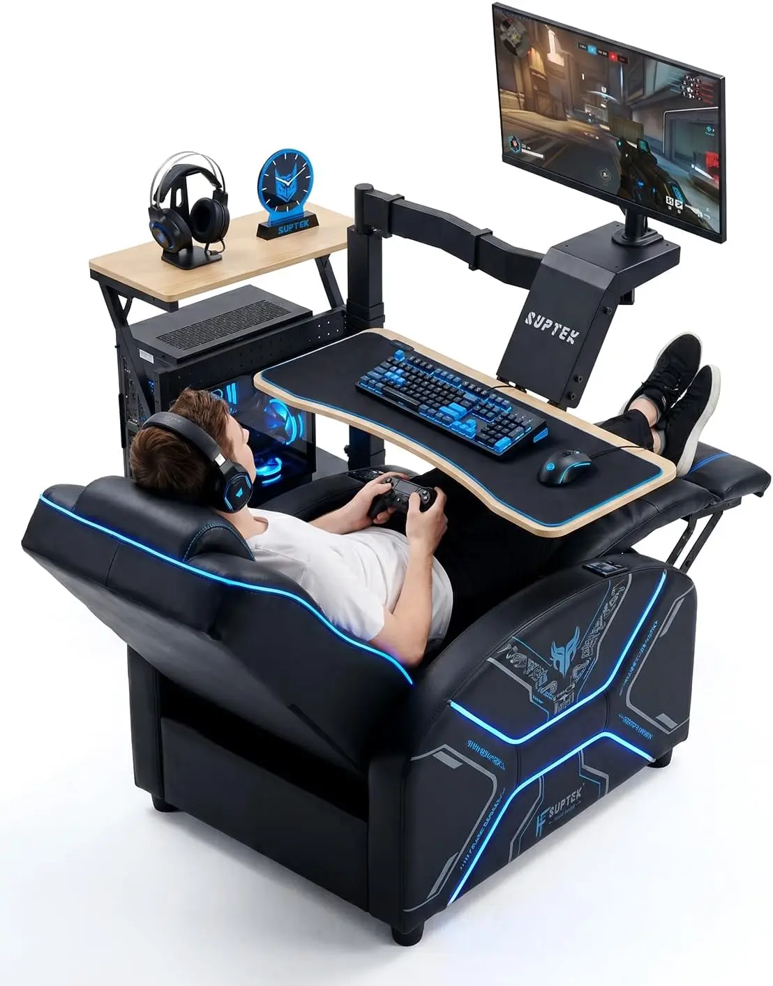 SUPTEK Steel Alloy Floating L-Shape Electric Mobile Gaming Standing Desk - CPU Stand, Power Strip, 920-1400mm Height Adjustment, 360° Swivel Arm, Dual Layout, Single/Dual Monitor Support, Sit-Stand-Lie Workstation, Floating Desk