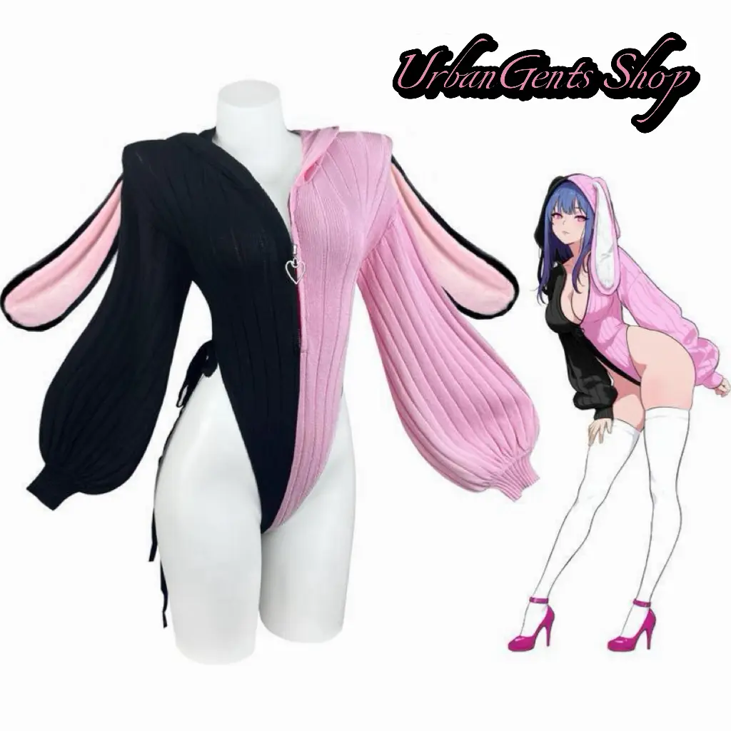 Women's Knitted Bunny Cosplay Jumpsuit - Fuzzy Rabbit Ears, Soft Fabric, Plus Size Lingerie, Matching Accessories, Casual Streetwear Costumes for Halloween, Christmas Cosplayers, Black Everyday Clothes, Cute, Women's Clothes