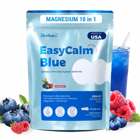 JooieeNu EasyCalm Blue Magnesium Glycinate Drink Mix Supplement with KSM-66 Ashwagandha, L-Theanine, GABA, Lion’s Mane & Vitamin D3 | Stress, Sleep & Calm Support | Cortisol Balance | 20 Stick Packs