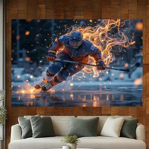 1pc Polyester Ice Hockey Themed Vibrant Blue-Orange Flame Party Banner Cloth - Wall Hanging Tapestry, Tapestry Room Decor, Birthday Event Backdrop, Home Decoration
