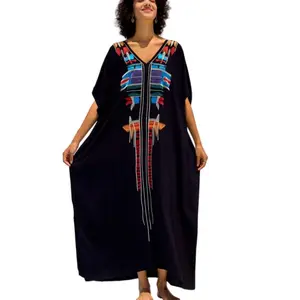 Women Ethnic Print Kaftan Dress Plus Size Swimsuit Cover Up,Mrs. Roper Kaftan, Swimsuit, bubu, mumu, Casual Womenswear Boho Caftan Baggy -Embroidered border