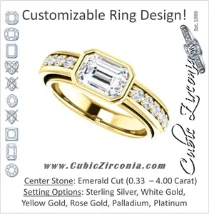 Cubic Zirconia Engagement Ring- The Racquel (Customizable Cathedral-Bezel Emerald Cut Design with Stackable Round-Accented Band)