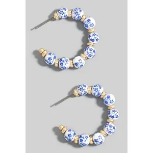 Floral Ceramic Beaded Hoop Earrings: Gold/Blue