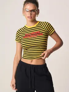 🔥 Viral Y2K Striped Baby Tee | Yellow & Black Graphic Print, Casual Slim Fit & Retro 2000s Baddie Aesthetic ✨#BabyTee #StripedTop #Y2KFashion #BaddieStyle #TikTokFashion #RetroOOTD