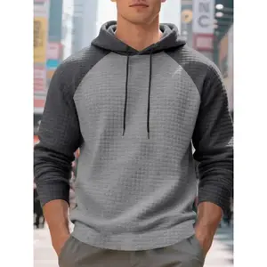 Men's Colorblock Hooded Sweatshirt, Fall & Winter Loose Fit Polyester Casual Hoodie, Textured Checkered Design, Stylish Fitted Top