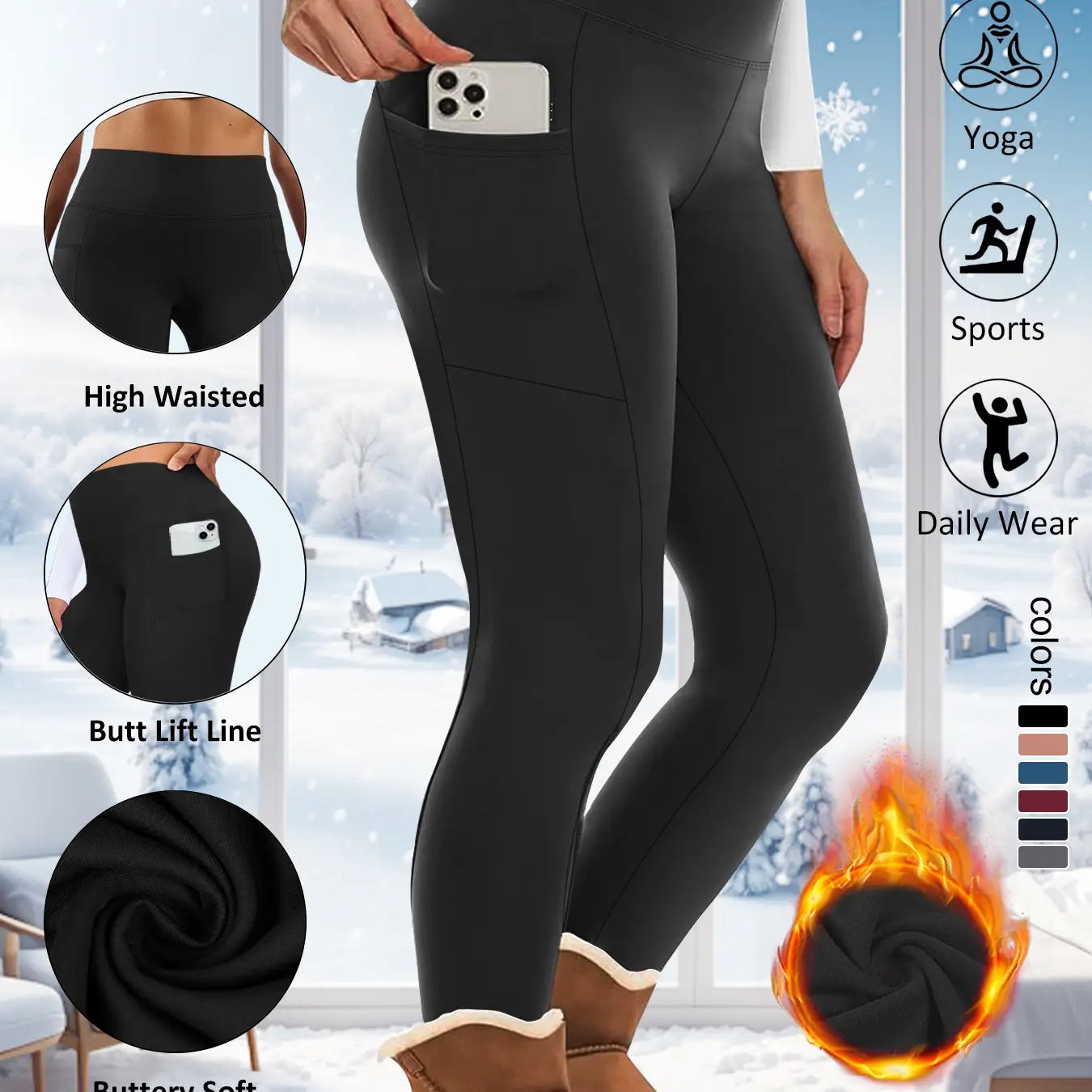 Women's Plus Size Tight Pants, High Waist Abdominal Control, Side Pockets, High Elasticity, Warm Comfort, Multi-Scene Use