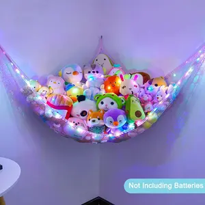 Large LED Light Hanging Corner Stuffed Animal Net Hammock - Blue-Purple Kids Toy Storage Organizer for Girls' Room Home Decor (Pack of 1)