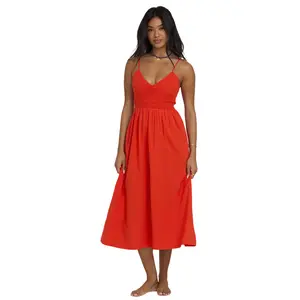 BILLABONG Women's Such A Trip Midi Dress, V-Neck Summer Breezy Cotton Dress, Flowy Beach Vacation Sundress, Smocked Fitted Bodice - Red