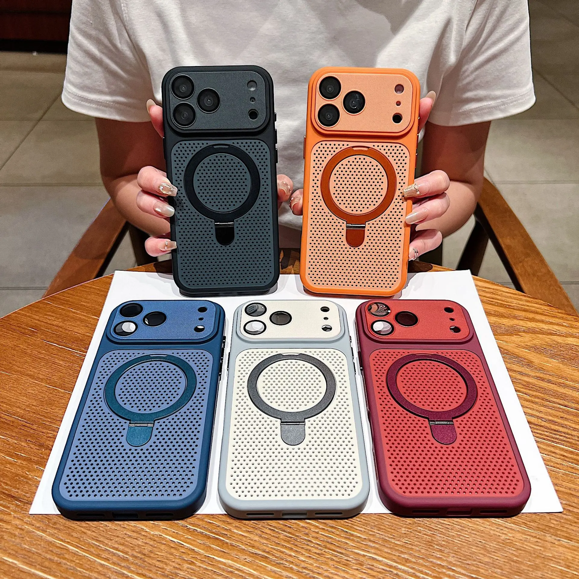 Mesh Ventilated Magnetic Case for iPhone 17/16/15/14/13 – Honeycomb Cooling Design with Stand Ring, Shockproof Full Body Protection, Wireless, Devices