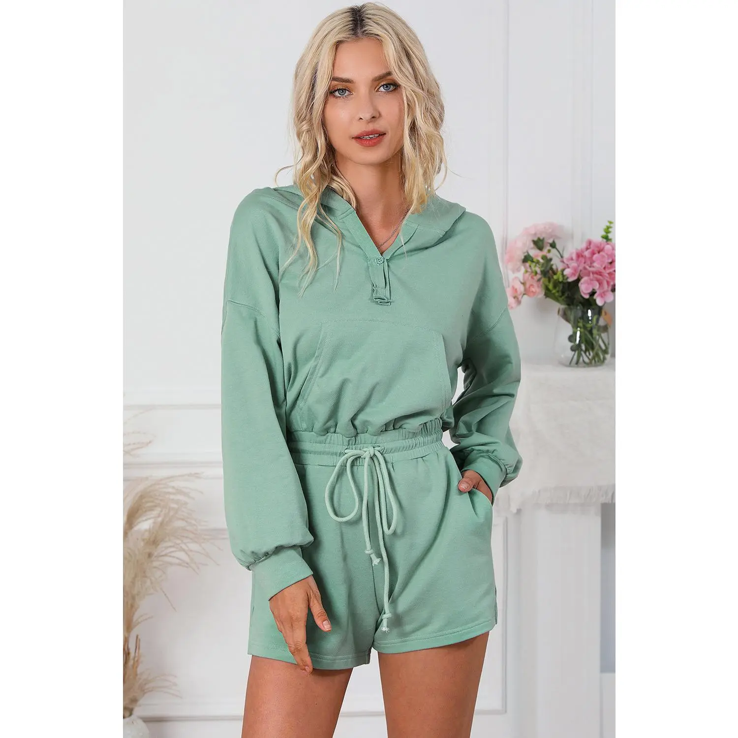 Womens Romper-Drawstring Waist Hooded Romper with Pockets