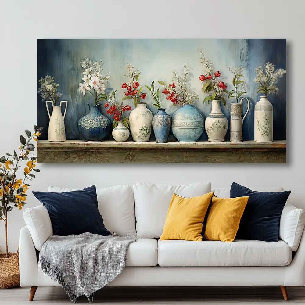 High-Quality Pine Wood Framed Canvas Wall Art Print - Decorative Modern Abstract Vase Flowers Home Supplies, Multi-Size Hangable Indoor Decor for Living Room, Bedroom (Sizes:16x32x0.6in,20x40x0.75in,24x48x0.75in(60x120x1.9cm); Check Size Carefully), 16X32