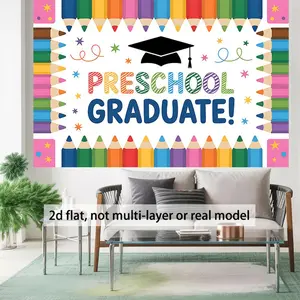 2D Flat Banner Polyester Photography Backdrop, HD Digitally Printed Preschool Graduate Theme Background Cloth with Graduation Cap and Colorful Pencils Pattern, Soft Lightweight Foldable for Preschool Graduation Party Decor, Photo