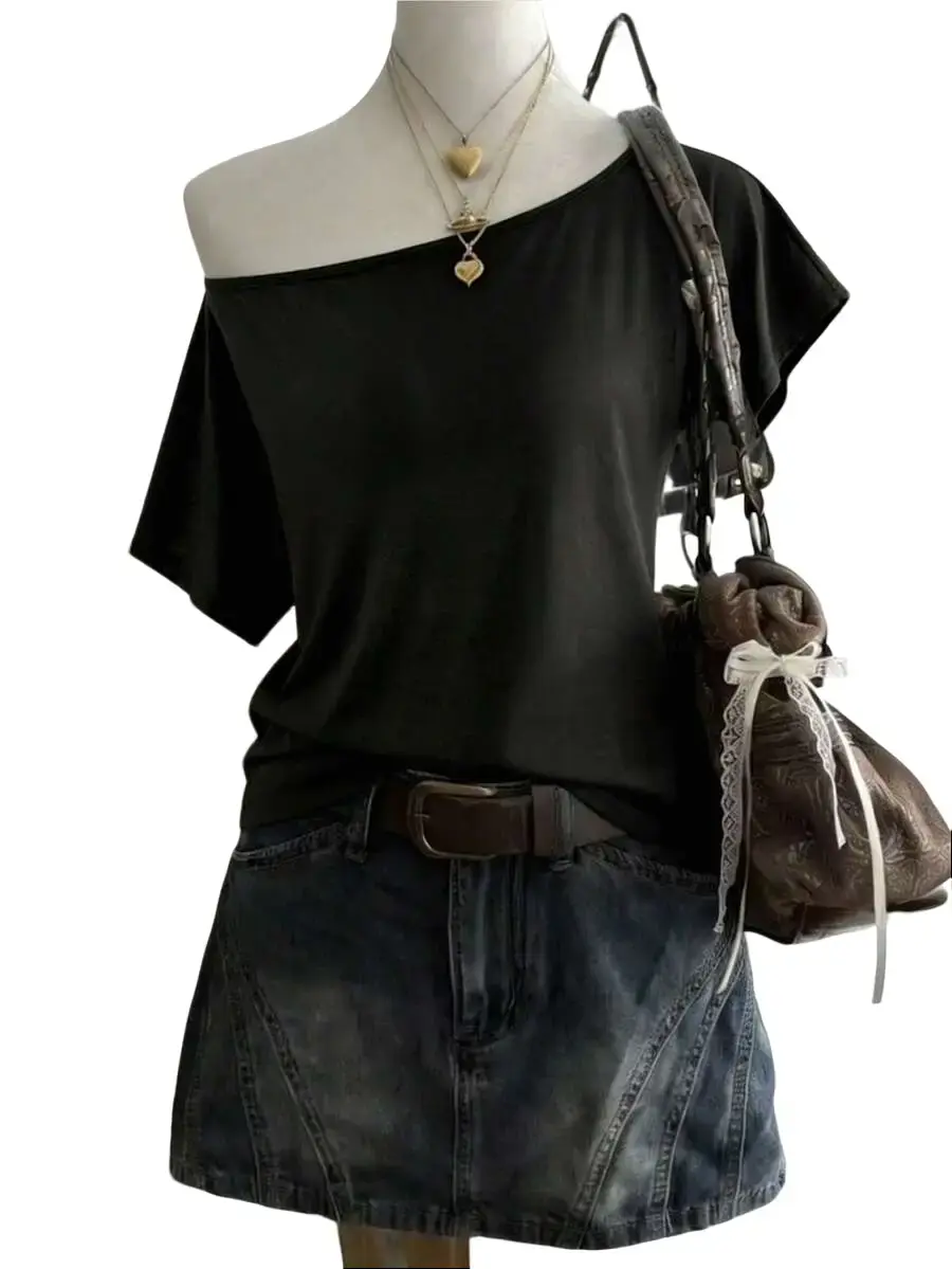 LEGACI Women's Black Skeleton Cut Out Backless T-Shirt - Short Sleeve Off Shoulder Gothic Grunge Top