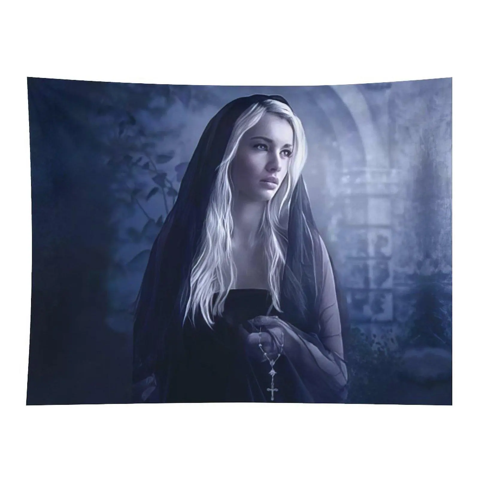 Mysterious Gothic Veiled Blonde Woman Wall Tapestry, Dark Blue Medieval Castle Ruins Moody Fantasy Art for Gothic Style Bedroom Dorm Wall Decor