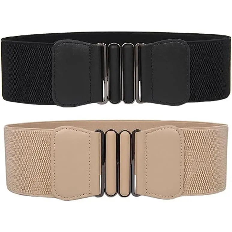 Female Elastic Waist Belt - 2.9-Inch Wide Stretchy Cinch Style with Synthetic Faux Leather, Metal Buckle, Formal Design, 2 Sizes for Dresses, Elastic Waist Belts, Two Sizes