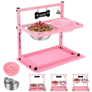 Pink Raised Dog Bowl Stand with Two 1700ml Stainless Steel Food Bowl, a Slow Dog Feeder and silicone Mat, Adjustable Dog Feeder, Elevated Dog Bowls for Large Medium and Small Dogs