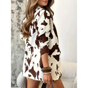 Women's Elegant Cow Print Blazer Jacket, Loose Fit Front Button Long Sleeve, Spring Summer Fall Casual Professional Outerwear, Womenswear