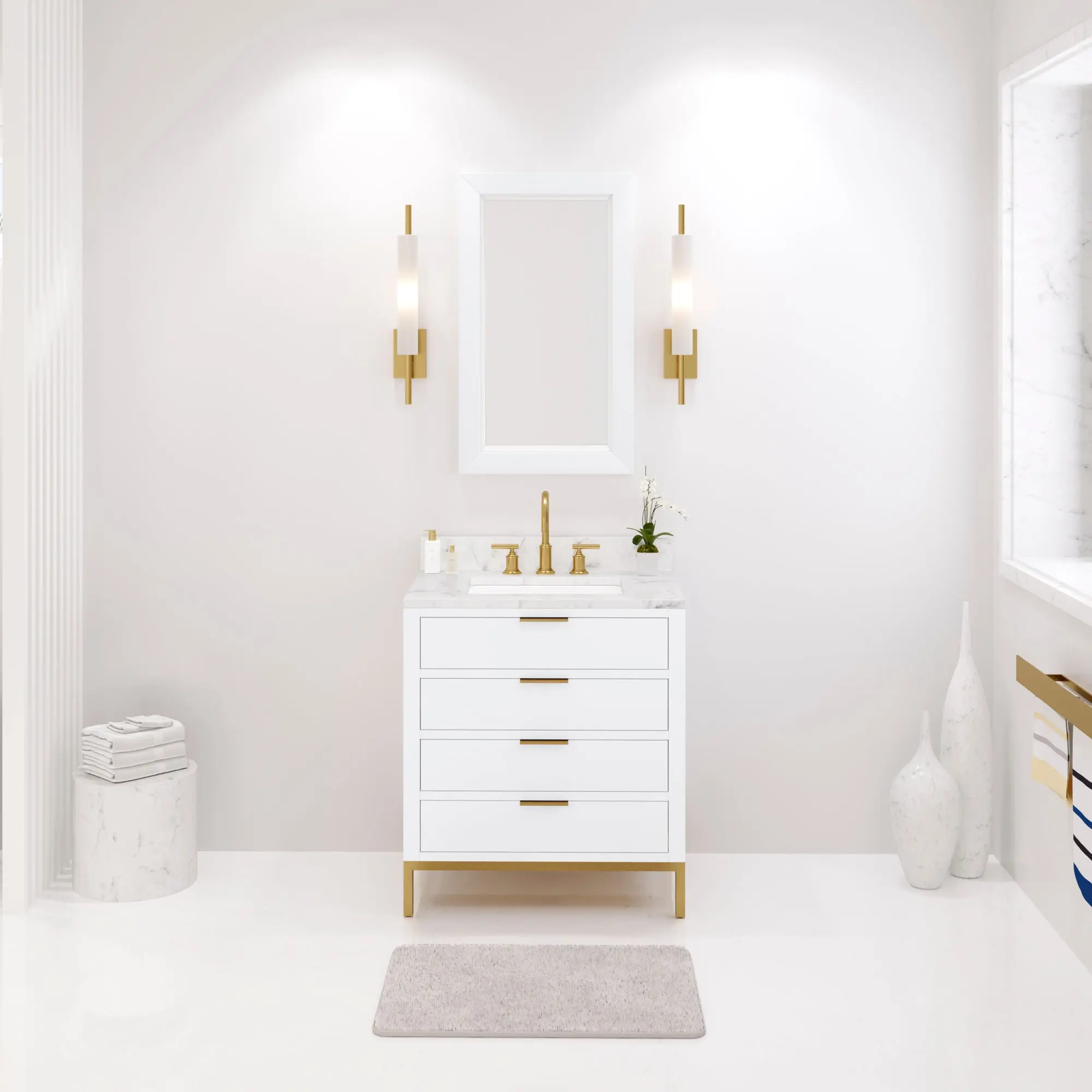 Water Creation Bristol 30" Single Sink Carrara White Marble Countertop Bath Vanity in Pure White