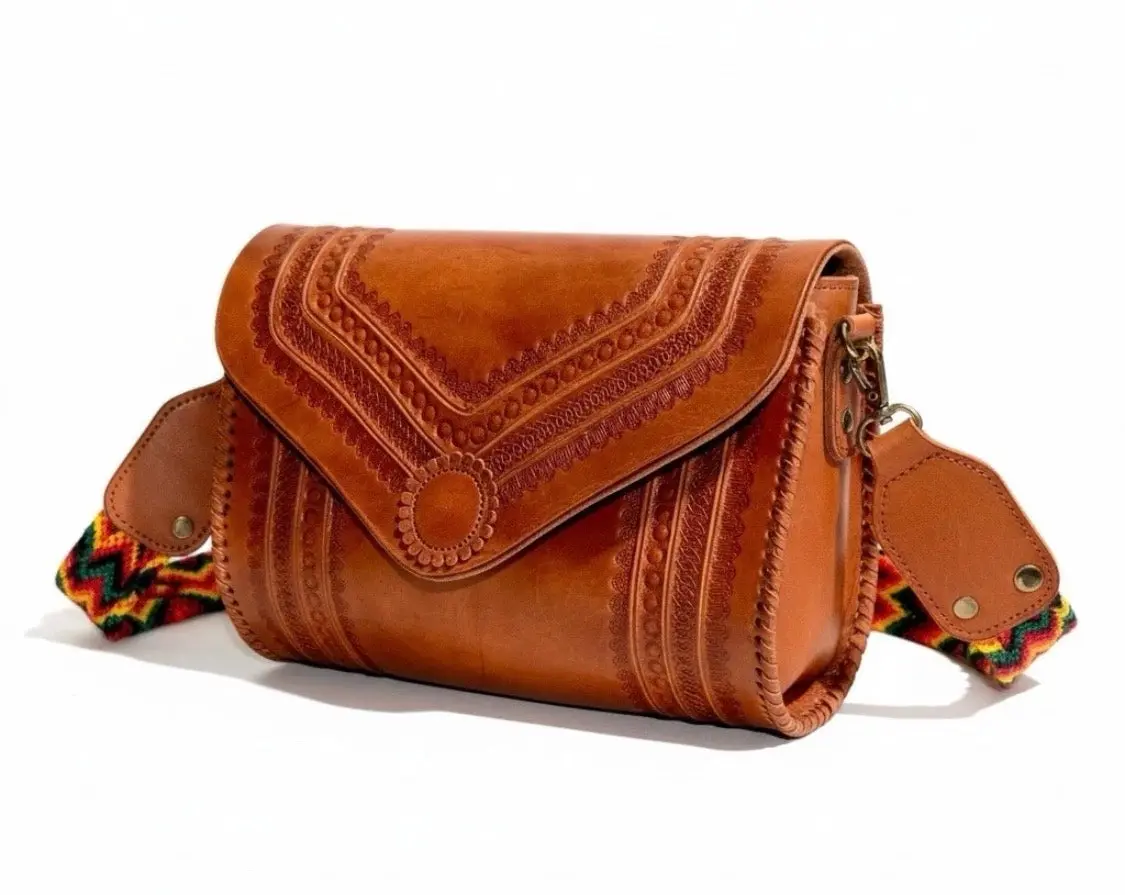 Handcrafted Tooled Western Mexican Leather Crossbody Bag with Woven Straps Bolsa Mexicana de Piel con Correa Tejida