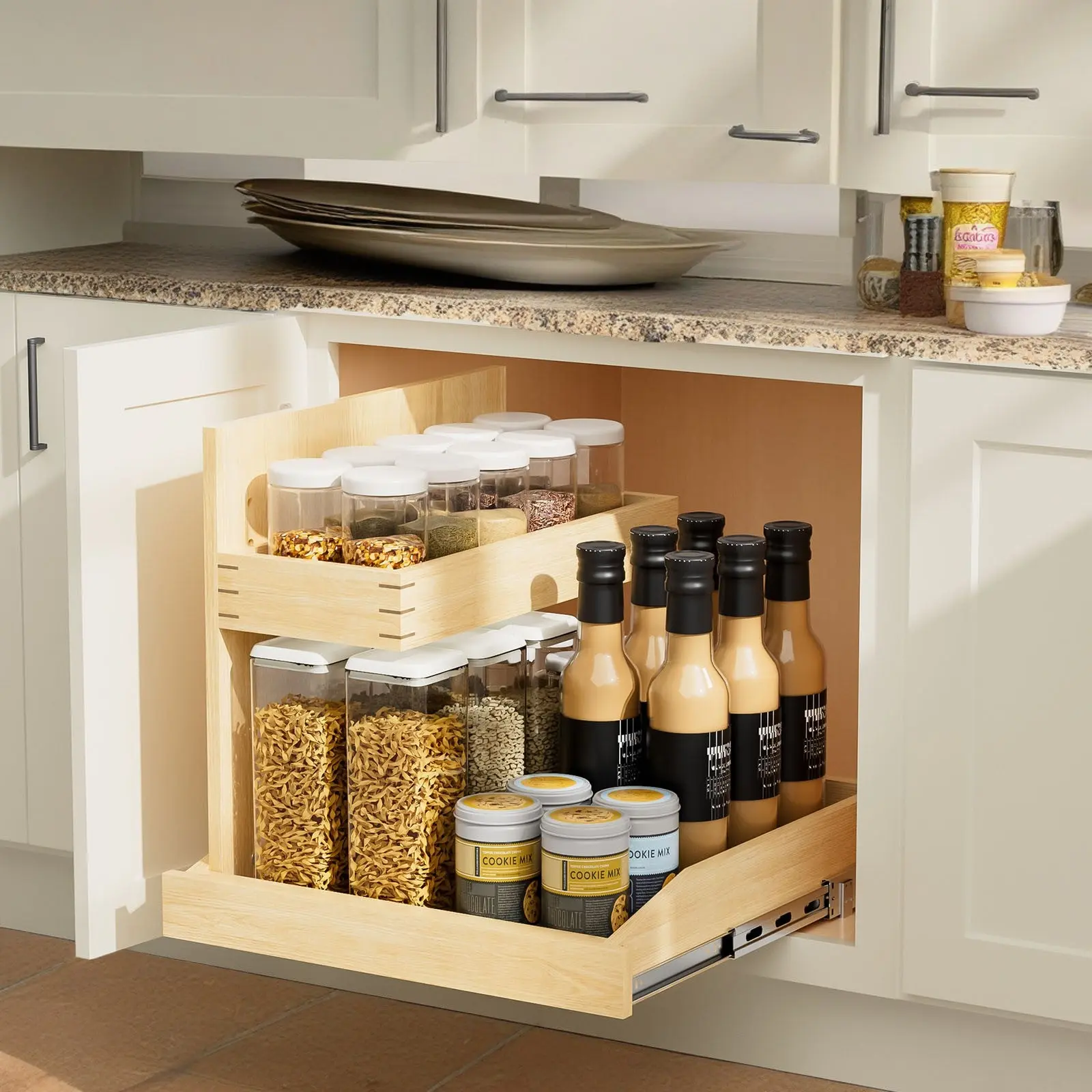 Under Sink Organizers And Storage 19  W X 21  D, 2 Tier Pull Out Cabinet Organizer With Hard Close, Adjustable Pull Out Cabinet Organizer With U Bracket For Bathroom Kitchen Left