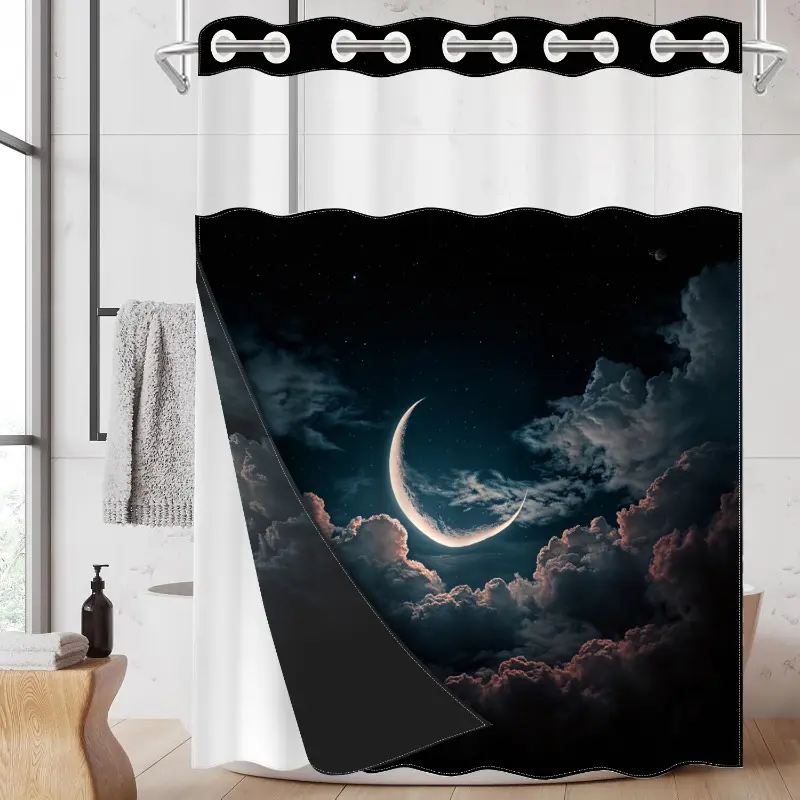 1pc hookless Aesthetic shower curtain with buckle lining, Celestial printed shower curtain, Ramadan silver moon, dark clouds, and starry sky design, 2D flat printing, fabric waterproof lining, see-through double-layer, 71 x 74 inches, modern home curtain