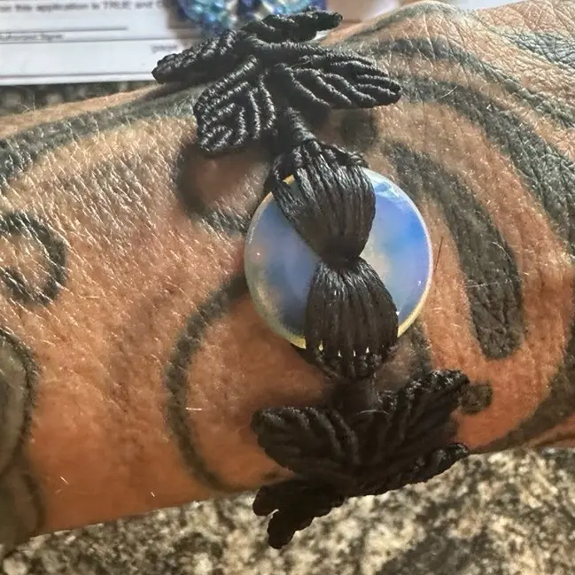Adjustable Macrame Bracelet with Round Moonstone and Black Leaves