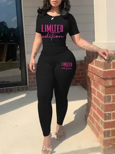LIMITED Letter Print Two-Piece Set Women's Crop Tee & Skinny Pants, Casual Fashion Cozy Round Neck Short Sleeve T-Shirt & Trousers for Daily Outdoor Wear, Ladies Spring Summer Clothes