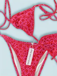Pink Floral Bikini Set Women Triangle Halter Tie Top Cheeky Bottoms Cute Tops For Women Two Piece Sets Outfits For Women Sexy Swimsuit neon swimsuit