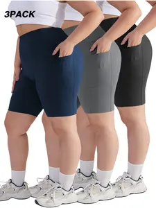 3-Pack Women's Plus Size High-Waisted Yoga Shorts, Comfortable Sporty Lounge Pants, Summer Stretch Workout Gear, Side Pockets for Various Activities, Stretch Knit Shorts