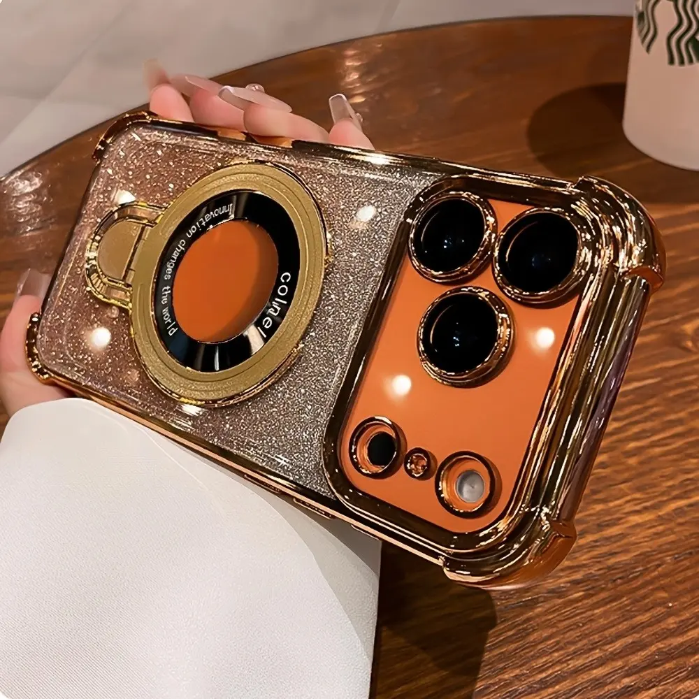Ultra-Shockproof Stand Protective Smartphone Case, Protector, with Electroplated Laser Glitter, Suitable for Iphone 17/16/15/14/13/Plus/Pro/Pro Max 17Air And Supports Wireless Charging, Gift for Friends Or Partners, Shockproof Smartphone Cover