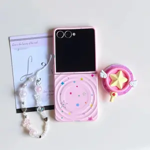 Korean Cute Star Magnetic Phone Case For Samsung Galaxy Z Flip 7 6 5 4 Z Flip6 Flip7 Cover with Magsafe Stand Holder Chain Cases