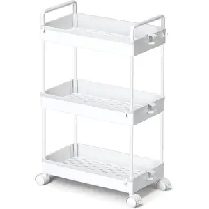 3 Tier Slim Rolling Storage Cart with Wheels Plastic Utility Cart Organizer for Snack Craft Art Postpartum Baby Diaper Nail Makeup in Bathroom Laundry Room Kitchen Bedside Narrow Space, White